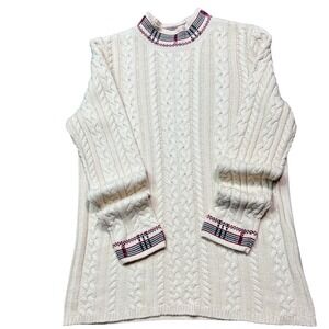 Appleseed's Cream Cable Knit Plaid Collar & Cuff‎ Sweater Size S